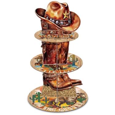 Imagem de Keluna Decorações de festa de aniversário de cowboy ocidental – Suporte de cupcake com tema de caubói de 3 níveis, botas de decoração de festa do oeste selvagem no chão, suporte de torre de sobremesa