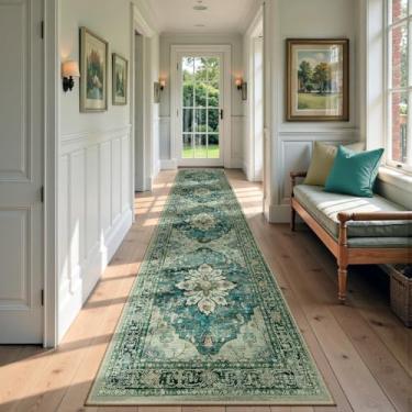 Imagem de RELEANY Tapetes de área de 6,5 x 2,5 m, lavável, antiderrapante, estampa floral, vintage, medalhão para sala de estar, quarto, sala de jantar, azul escuro vintage