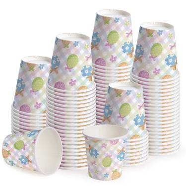 Imagem de WRAPAHOLIC Copos de papel de Páscoa de 85 g - Pacote com 100 copos descartáveis de banheiro com design xadrez de ovos coloridos, pequeno copo para enxaguante bucal para enxágue de escova de dentes