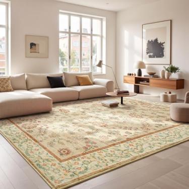 Imagem de Goideal Tapete bege para sala de estar, 15 x 23 cm, tapete floral lavável, antiderrapante, boho com suporte de borracha para quarto, cozinha, banheiro, sala de jogos, entrada e escritório