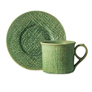 Imagem de KEG801302 Caneca de café e pires de cerâmica texturizada de linho vintage moderna para chá da tarde latte cappuccino cacau leite Drinkware (verde)