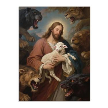 Imagem de Arte de parede em tela Jesus e Cordeiro O Leão de Judá Pictures Decoração de parede Jesus Cristo Impressão para sala de estar Igreja Sala de Oração Decoração de casa 80 x 60 cm (32 x 24 polegadas) Sem