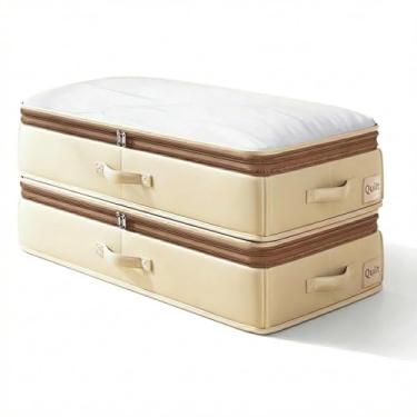 Imagem de Yagizaai Pacote com 2 sacos de armazenamento sob a cama para edredons e cobertores, organizador dobrável de 96L com zíperes de compressão dupla, alças e suportes de etiqueta, tecido Oxford reforçado