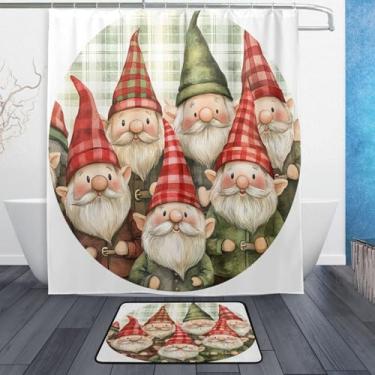 Imagem de xigua Gnomos de Natal fofos conjuntos de tapetes de cortina de banho 2 peças, conjunto de tema de banheiro (152 x 182 cm) com cortina de chuveiro e tapete antiderrapante -12 ganchos442