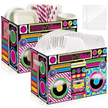 Imagem de 2 peças de porta-utensílios de rádio retrô para decoração de festa dos anos 80, 90, suporte de talheres de papel com alças para artigos de festa de aniversário hip hop, organizador descartável de