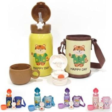 Imagem de Garrafa Térmica Infantil 500 ml Aço Inox Com Bolsa Canudo e Caneca Garrafinha Escolar Infantil (Amarelo)