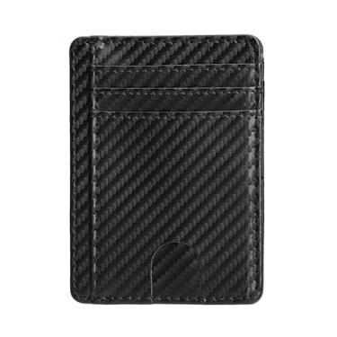 Imagem de Carteira de couro PU fina minimalista com bolso frontal com bloqueio de RFID para homens e mulheres, porta-cartões compacto e fino, Preto texturizado, Carteira RFID minimalista com bolso frontal
