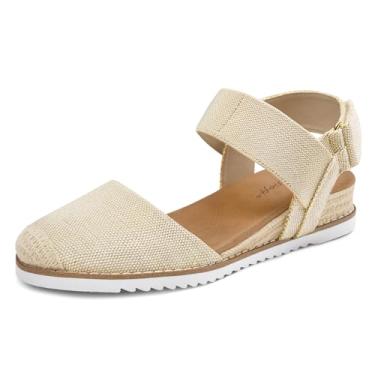 Imagem de mysoft Sandálias femininas de salto baixo confortáveis com bico fechado, alpargatas sem cadarço, tira elástica no tornozelo, sandálias de caminhada, Tecido natural/dourado, 40