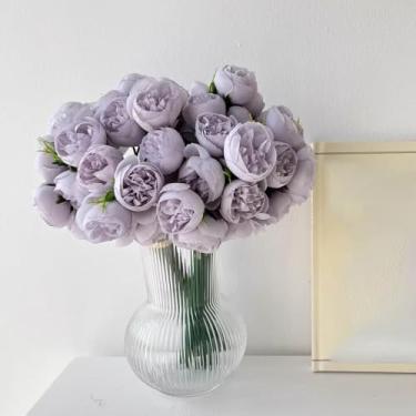 Imagem de 27 cabeças rosas peônia flores falsas retrô flores artificiais rosas buquê de seda para vaso de mesa, noiva, casamento, decoração de casa (roxo)