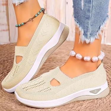 Imagem de Generic Tênis de caminhada feminino: respirável, confortável, antiderrapante, leve, suporte de arco, perfeito para uso interno/externo, primavera/verão/outono, branco, tamanhos femininos dos EUA, Bege