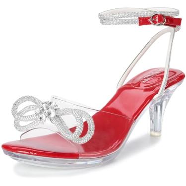 Imagem de NBUUNBU Salto feminino transparente com tiras e laço de strass - Sandálias plataforma com tira no tornozelo com salto alto transparente - Sexy Crystal Slingback Stiletto bico aberto sapatos