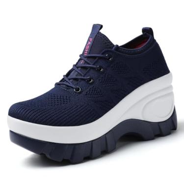 Imagem de Tênis de corrida feminino, plataforma grossa, confortável, ortopédico, plataforma, plataforma, ortopédico, moderno, tricotado respirável, com cadarço, sola articulada, casual, antiderrapante, com