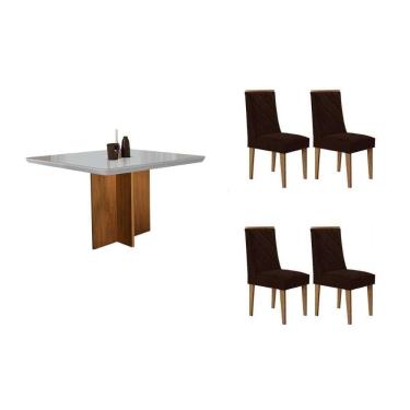 Imagem de Conjunto: Mesa Sala Jantar Berlim Tampo c/ Vidro Curvo 90cm+4 Cadeiras Pietá Madeira Naturale/Off White - Capuccino/Suede Marrom - Rufato