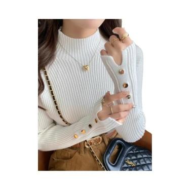 Imagem de Suéter Feminino De Tricô Gola Alta Manga Longa Slim Fit Outono Inverno