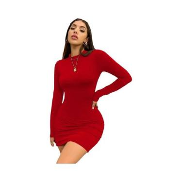 Imagem de Vestido Mini Plissado Feminino Slim Fit Com Gola Alta E Manga Longa, V