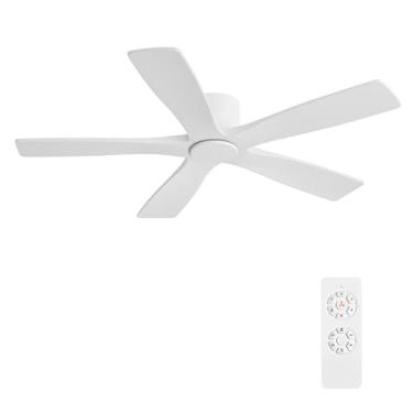 Imagem de WINGBO Ventiladores de teto CC de montagem embutida de 137 cm sem luzes, 5 lâminas de madeira maciça esculpida, motor CC reversível de 6 velocidades, ventilador de teto de baixo perfil, sem luzes para