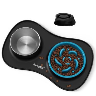 Imagem de MateeyLife Conjunto 3 em 1 de tigela de comida e água para cães, tigela de alimentação lenta para cães e tigela de água de aço inoxidável com tapete de silicone que não derrama, tigelas para gatos e