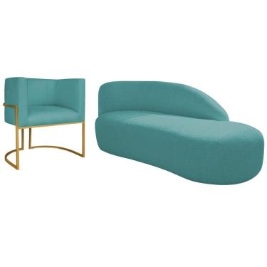 Imagem de Kit Divã Luna 185cm Lado Direito E 01 Poltrona Base De Ferro Dourado Suede Cor Azul Turquesa