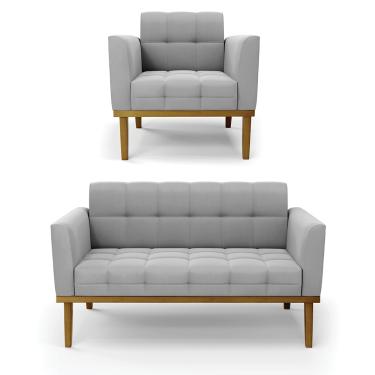 Imagem de Namoradeira com Poltrona Base de Madeira Castanho Elisa Suede Cinza D03 - D'Rossi