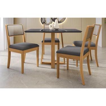 Imagem de Sala Jantar Mesa Elma Premium Madeira Maciça c/ Tampo Madeirado c/ Vidro 120x80cm e 4 Cadeiras Lola Carvalho/Preto - Boucle Chumbo - Kappesberg