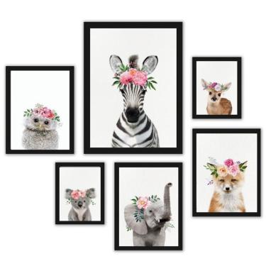 Imagem de Kit 6 Quadros Animais C/ Flores 18X24Cm, 24X33Cm 33X45Cm M