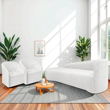 Imagem de Kit Sofá Curvo França 250cm L.e E 2 Poltronas Luiza Max Conforto, Elegância E Design Moderno Bouclé Branco