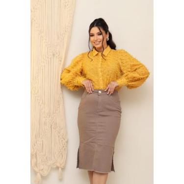 Imagem de Saia Jeans Feminina Com Lycra e Fendais Lavagem Bege Cintura Alta Evag