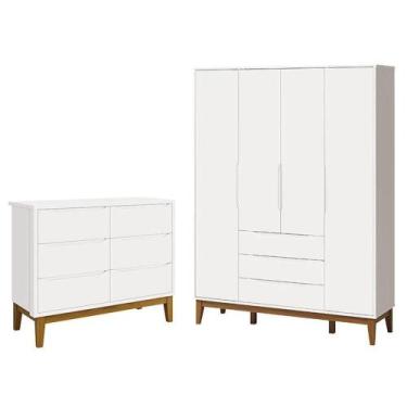 Imagem de Cômoda Infantil 6 Gavetas Com Guarda Roupa Classic Elfe Branco Acetina