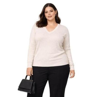 Imagem de Suéter Tricô Gola V Feminino City Lady by Facinelli Plus Size 658110 Offwhite-Feminino