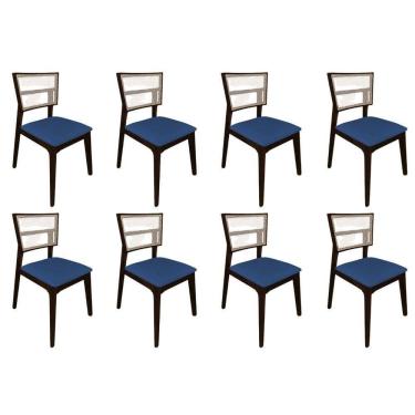 Imagem de Kit 8 Cadeiras De Jantar Tela Premium Madeira Maciça Manuela Azul Veludo Castanho