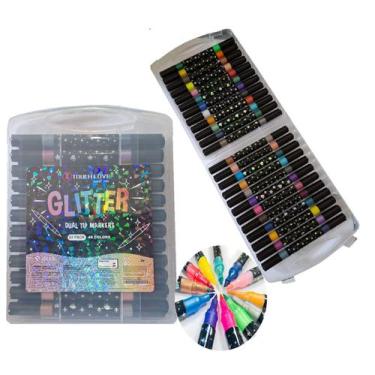 Imagem de Caneta Marcador Com Glitter Brilho Dupla Ponta Estojo, Estojo 24 canet