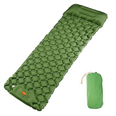 Imagem de GQYYS Almofada de dormir para acampamento, tapete inflável para dormir, colchão de acampamento, com prensa de pé autoinflável, tapete leve para dormir impermeável e compacto