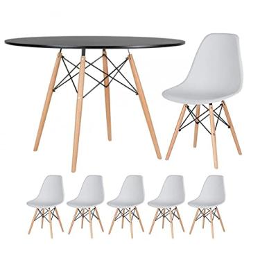 Imagem de Loft7, Kit - Mesa redonda Eames 120 cm preto + 5 cadeiras Eiffel Dsw Cinza claro