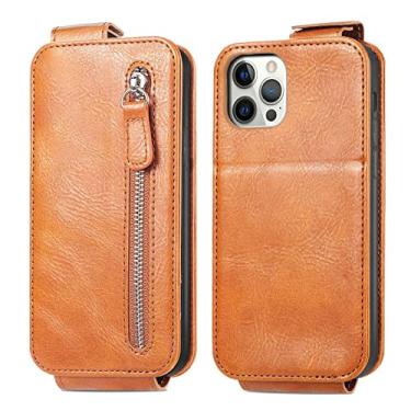 Imagem de Capa carteira para iPhone 13 Mini/13/13 Pro/13 Pro Max, bolso com zíper PU couro magnético capa para celular com compartimentos para cartão e capa flip vertical para baixo, marrom, 13 15,5 cm