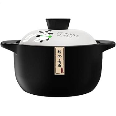 Imagem de Caçarola de cerâmica pote de argila padrão de desenho animado panela de cerâmica redonda panela de ensopado com tampa, panela de sopa de alta temperatura resistente ao calor para casa fervida, grelhada, caçarola refogada, 4,5L