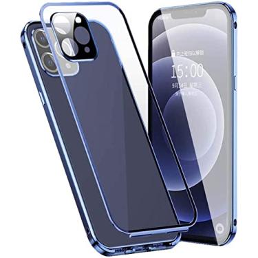 Imagem de HAODEE Capa para Apple iPhone 12 Pro (2020) 6,1 polegadas, adsorção magnética transparente dupla face vidro temperado capa de telefone HD, moldura de pára-choques de metal (cor: azul)