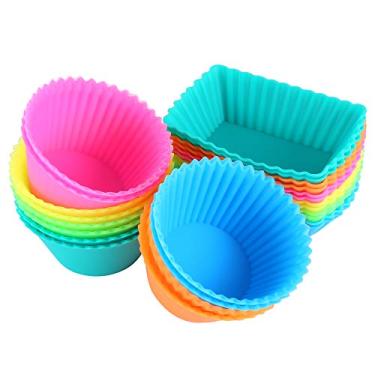 Imagem de IPOW Conjunto com 24 forros antiaderentes de silicone para cupcake, reutilizáveis, grau alimentício, livres de BPA, forros de muffins antiaderentes, 2 formas retangulares redondos