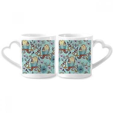 Imagem de Conjunto de canecas de porcelana para casais amantes de animais de estimação com flores azuis coruja para proteger o coração do copo do amor