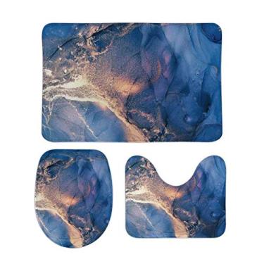 Imagem de Conjunto de 3 peças de tapetes de banheiro com arte dourada azul mármore, tampa de assento de vaso sanitário, tapete de banheiro antiderrapante para chuveiro de banheira