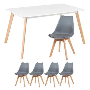 Imagem de Loft7, Mesa de jantar retangular 80 x 140 cm branco + 4 cadeiras Leda cinza escuro