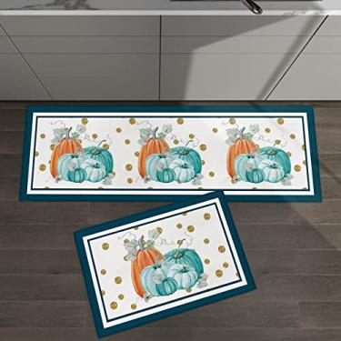 Imagem de Conjunto de 2 tapetes de cozinha de Ação de Graças Azul Laranja Abóbora Dourado Bolinhas Outono para Tapetes e Tapetes Acolchoados Antiderrapante Antiderrapante Tapete de Pé Confortável