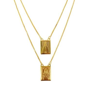 Imagem de Escapulário Nossa Senhora Aparecida e Sagrado Coração de Jesus Dupla Face Banhado a Ouro 18k
