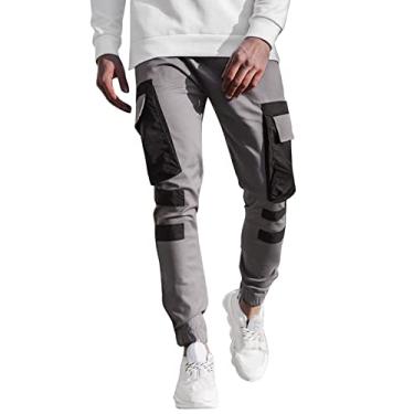 Imagem de Calça cargo masculina casual para homens patchwork cordão cintura elástica joggers moda ajuste solto calças ao ar livre, Cinza, 3G