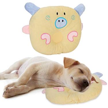 Imagem de ViaGasaFamido Travesseiro de cama de cachorro, bonito desenho animado porco animal suporte de pescoço travesseiro de pelúcia para cães pequenos e gatos (amarelo)