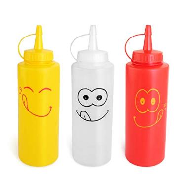 Imagem de New Star Foodservice 28560 Smiley Faces Conjunto de garrafas de apertar, plástico, vermelho, amarelo e transparente, 355 ml