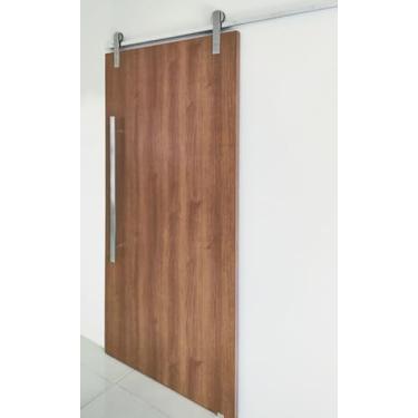 Imagem de Porta De Madeira + Kit De Correr 2m + Puxador Flat 1m Polido Cor:Carvalho