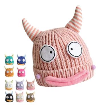 Imagem de TRURENDI Chapéu de malha de monstro fofo e engraçado, chapéu quente de inverno com chifres, gorro de tricô retrátil de LED Little Monster, Chifre rosa, One Size