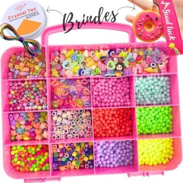 Imagem de Kit Miçanga Para Pulseira Infantil Com 2000 Peças + Chaveiro Silicone Kawaii Maleta Organizadora de Artesanato Rosa Pink - Kit Completo com mais de 2 Mil Peças Criativas!