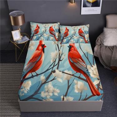 Imagem de Conjunto de edredom de pássaros coloridos cardeais, cama em um saco, 7 peças de flores, cor da primavera, incluindo 1 lençol com elástico + 1 edredom + 4 fronhas + 1 lençol de cima (D, cama de