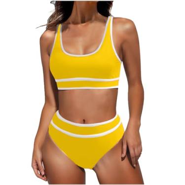 Imagem de SHOPESSA Conjunto de biquíni feminino de cintura alta, tanquíni com parte de baixo de natação, roupa de praia e resort, Conjuntos de biquíni amarelo, GG